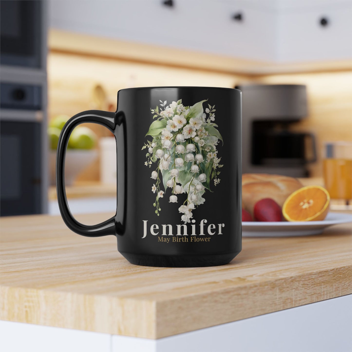 Custom Name May Birth Flower Mug – Lily of the Valley Personalized 15oz Black Mug Gift for Her - 14885