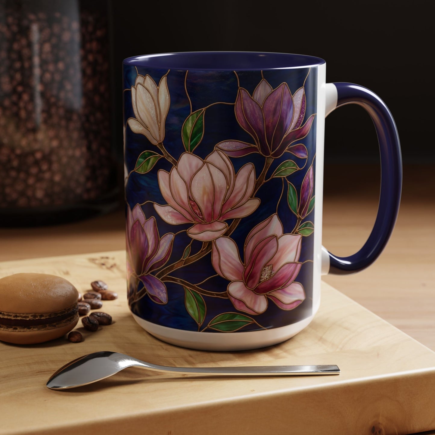 Magnolia Floral Accent Coffee Mug — Stained Glass Design (11/15 oz) - 14577