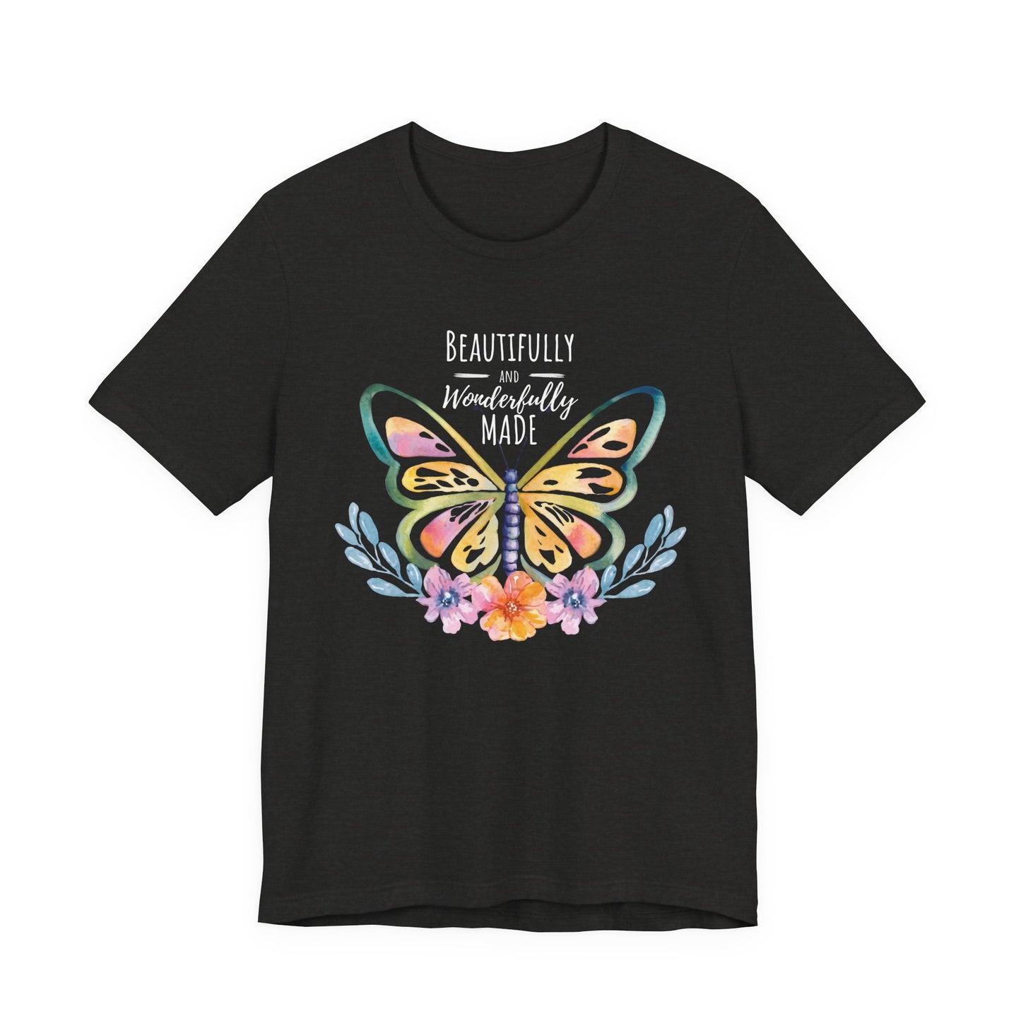 Beautifully & Wonderfully Made Butterfly T-Shirt, Inspirational Floral Graphic Tee - 14954