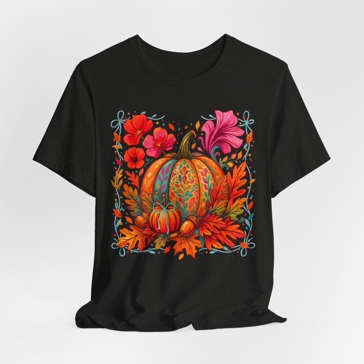 Autumn Floral Pumpkin T-Shirt, Fall Harvest Graphic Tee - 14930