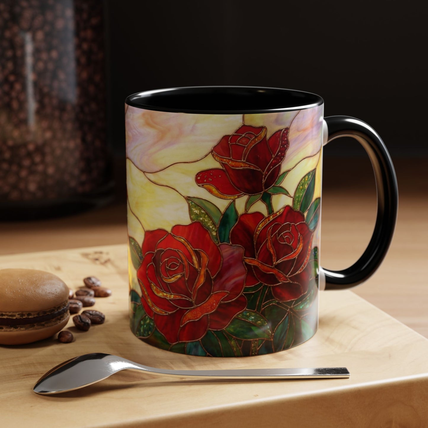 Rose Stained Glass Accent Coffee Mug – Red Roses Floral 11/15oz - 14539