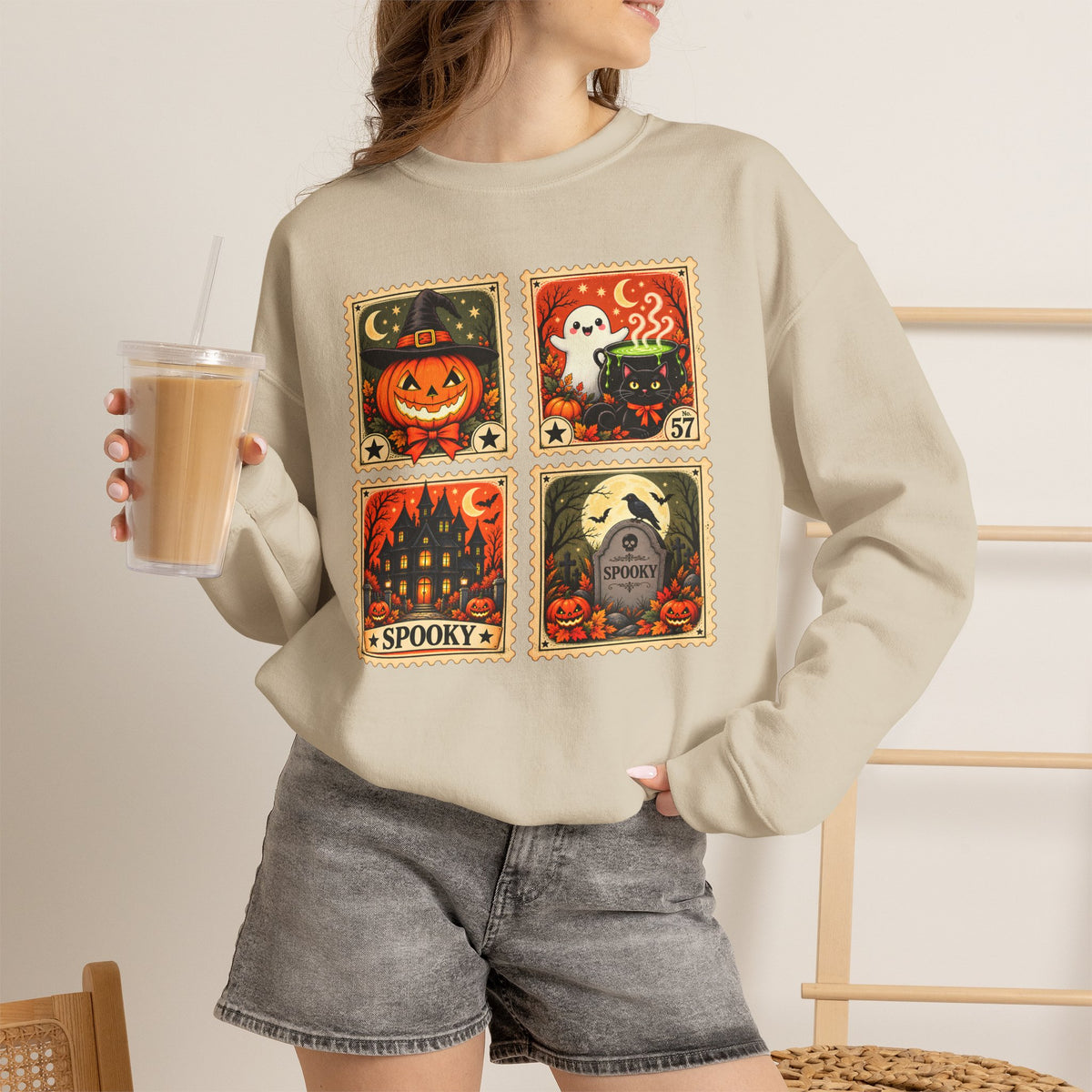 Vintage Halloween Stamp Sweatshirt, Spooky Pumpkin & Ghost Crewneck - 14510