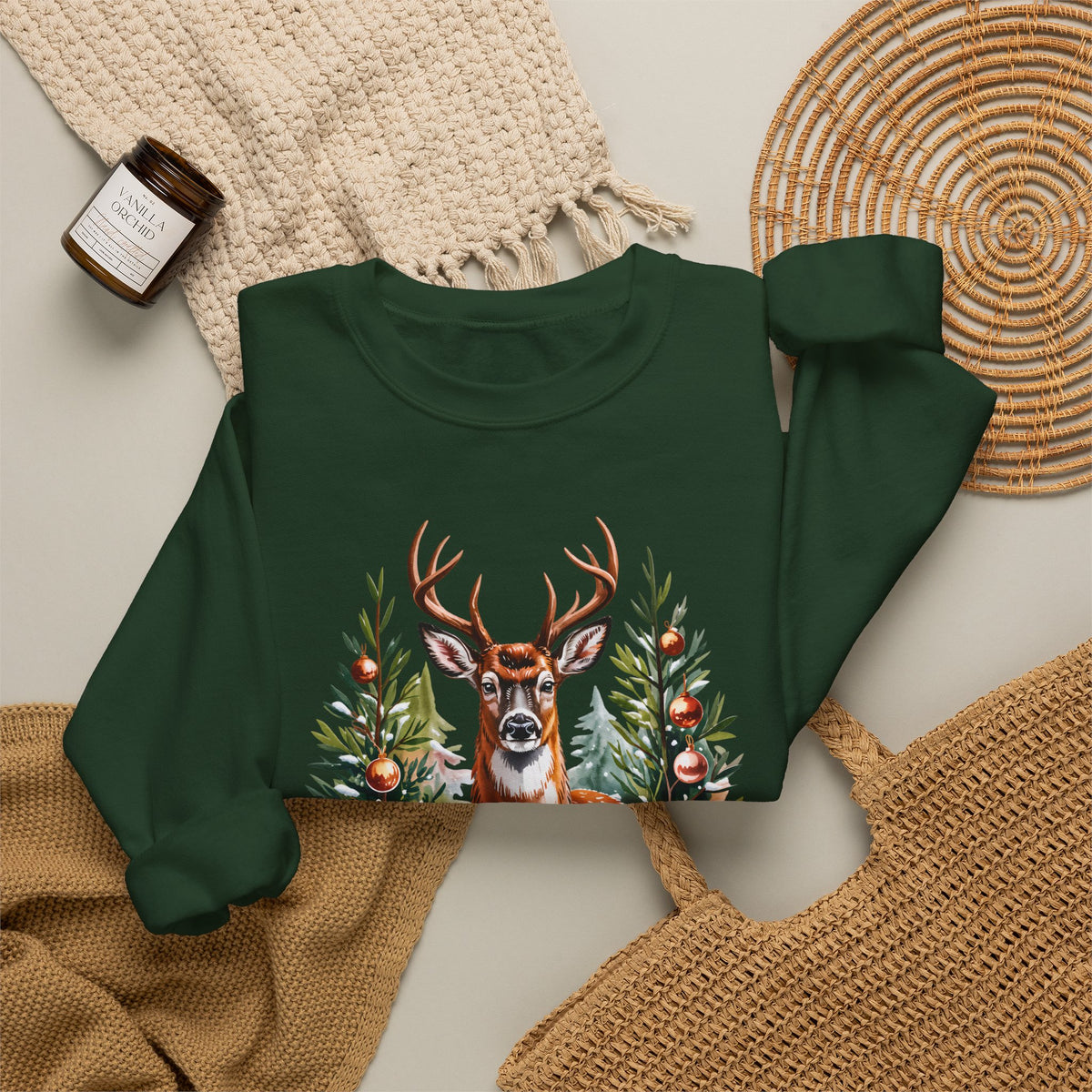 Christmas Deer Sweatshirt, Vintage Woodland Holiday Crewneck - 14562