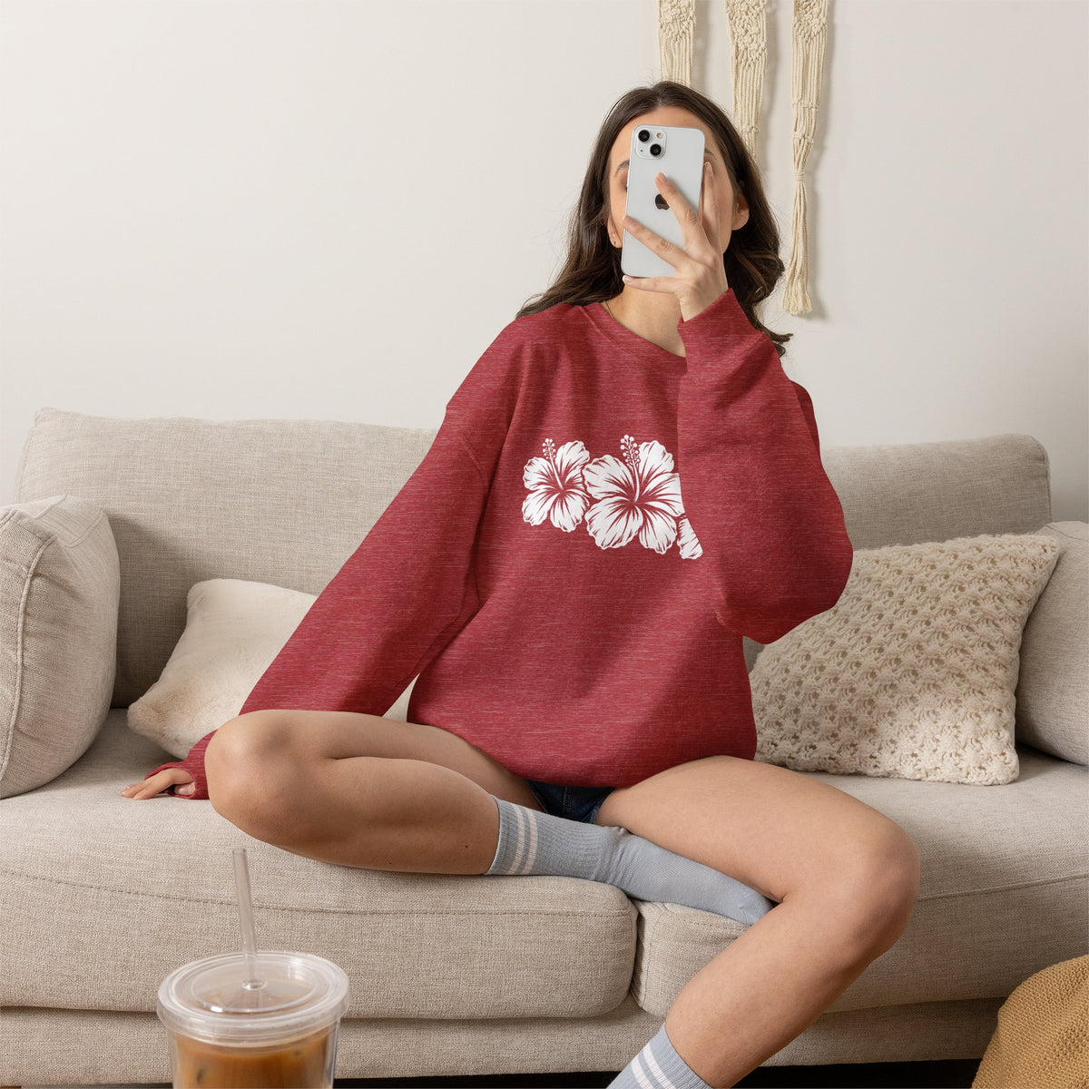 Hibiscus Floral Crewneck Sweatshirt,  Tropical Flower Graphic - 14996