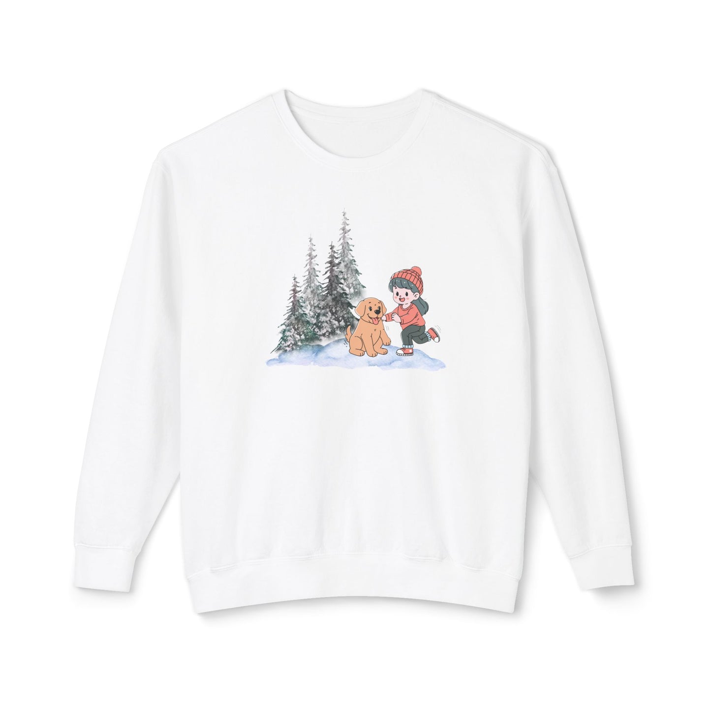 Winter Trees, Girl & Doggy - Unisex Lightweight Crewneck Sweatshirt - 10262