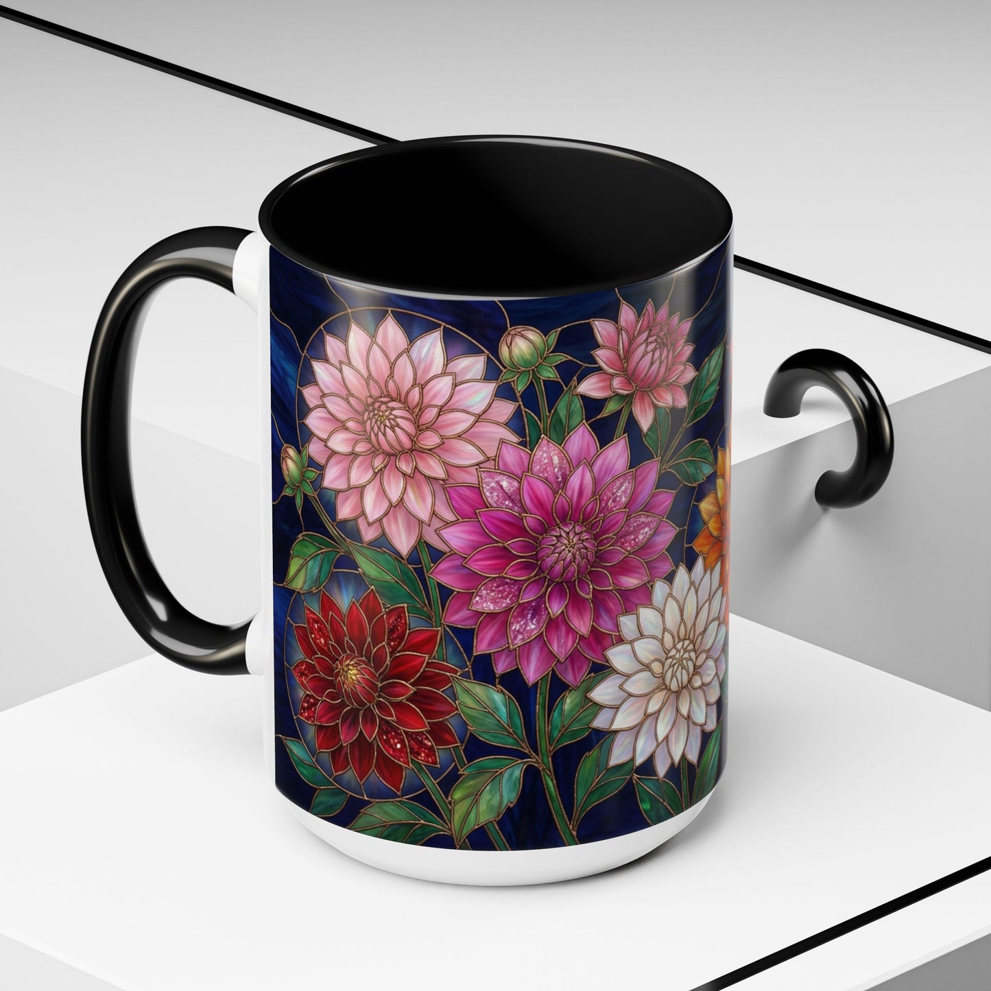 Dahlia Floral Accent Coffee Mug — Stained-Glass  Design (11/15oz) - 14562