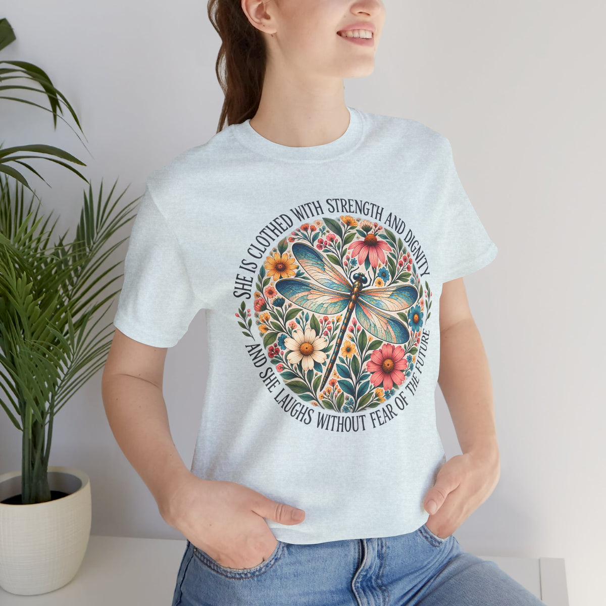 Dragonfly Floral T-Shirt, “She Is Clothed With Strength and Dignity” Inspirational Women’s Tee - 14993