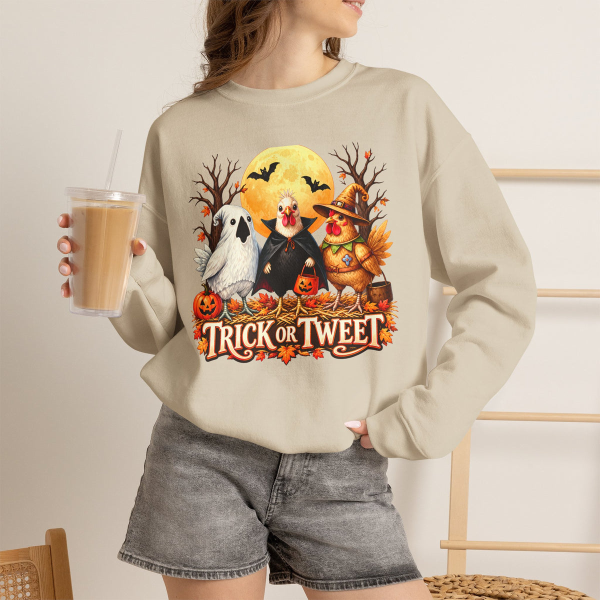 Trick or Tweet Halloween Sweatshirt, Cute Costume Chickens & Ghost Crewneck- 14512