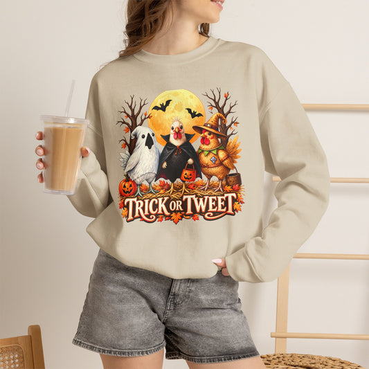 Trick or Tweet Halloween Sweatshirt, Cute Costume Chickens & Ghost Crewneck- 14512