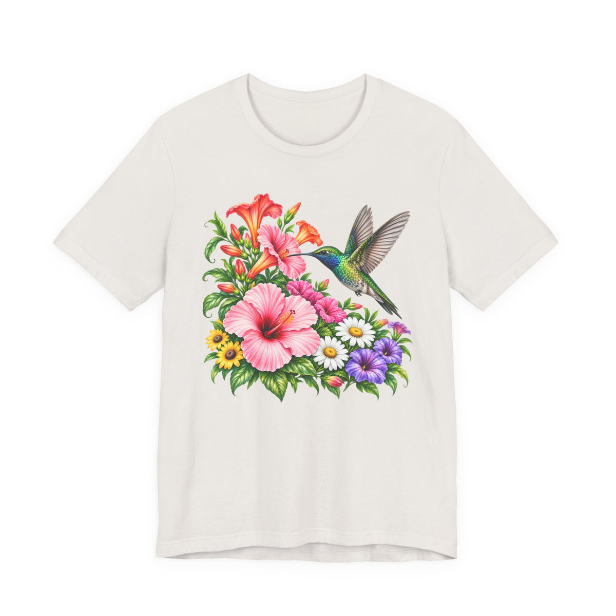 Hummingbird & Hibiscus T-Shirt, Colorful Tropical Floral Garden Tee - 14542