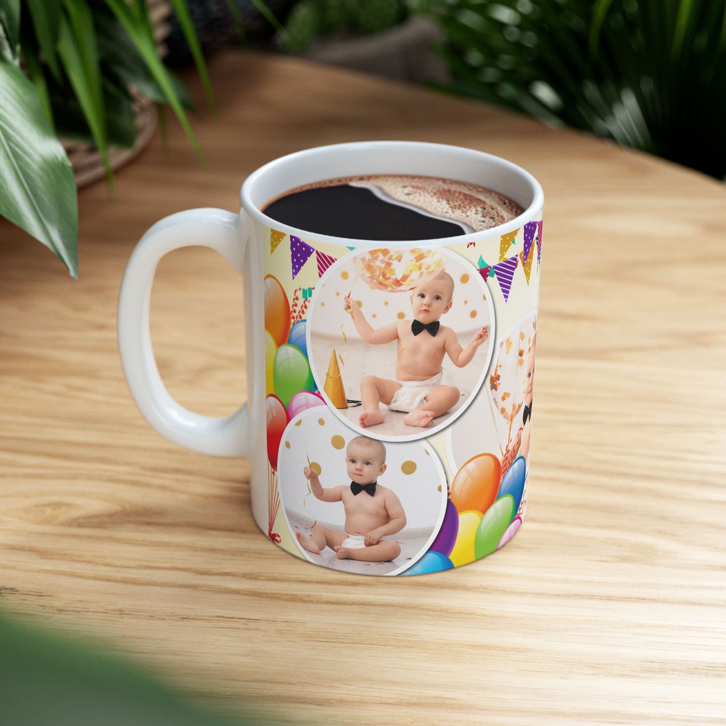 Personalized Birthday Ceramic Mug - Custom 1st Birthday Celebration Cup, Party Favor, Kid's Birthday Gift, Colorful Balloons, Fun Memories - 13997