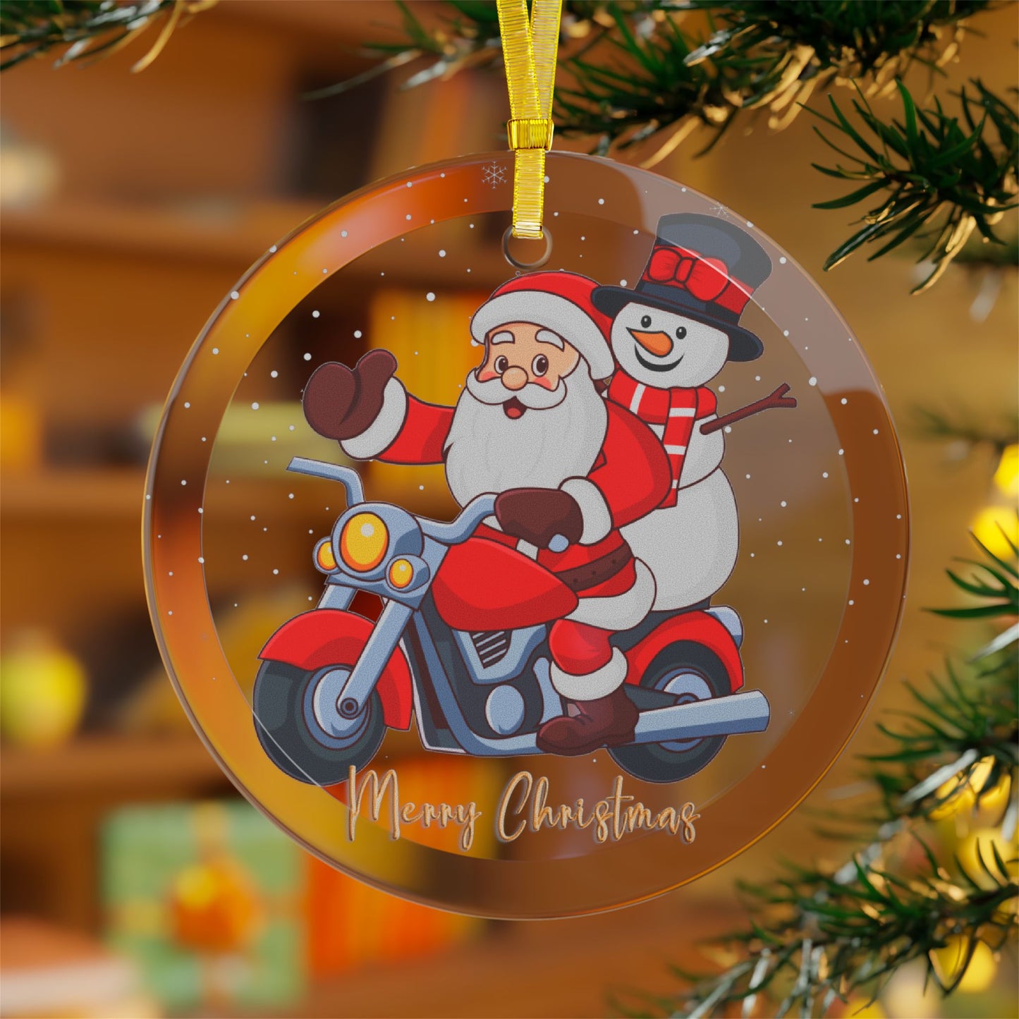 Santa & Snowman, Riding A Motorcycle - Glass Ornaments - 10424