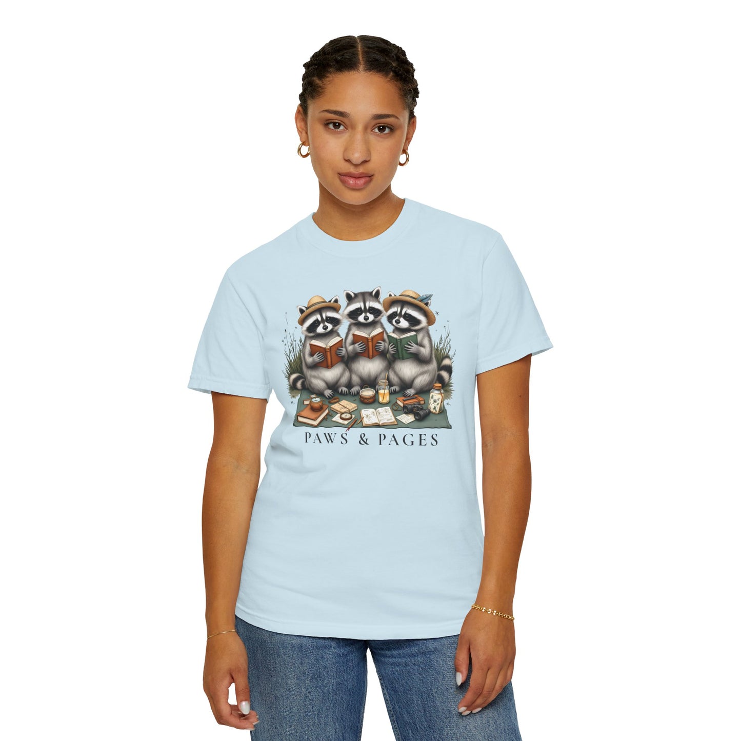 Paws & Pages Raccoon Reading T-Shirt – Cute Book Lover Graphic Tee, Cozy Reader Gift Shirt - 14816
