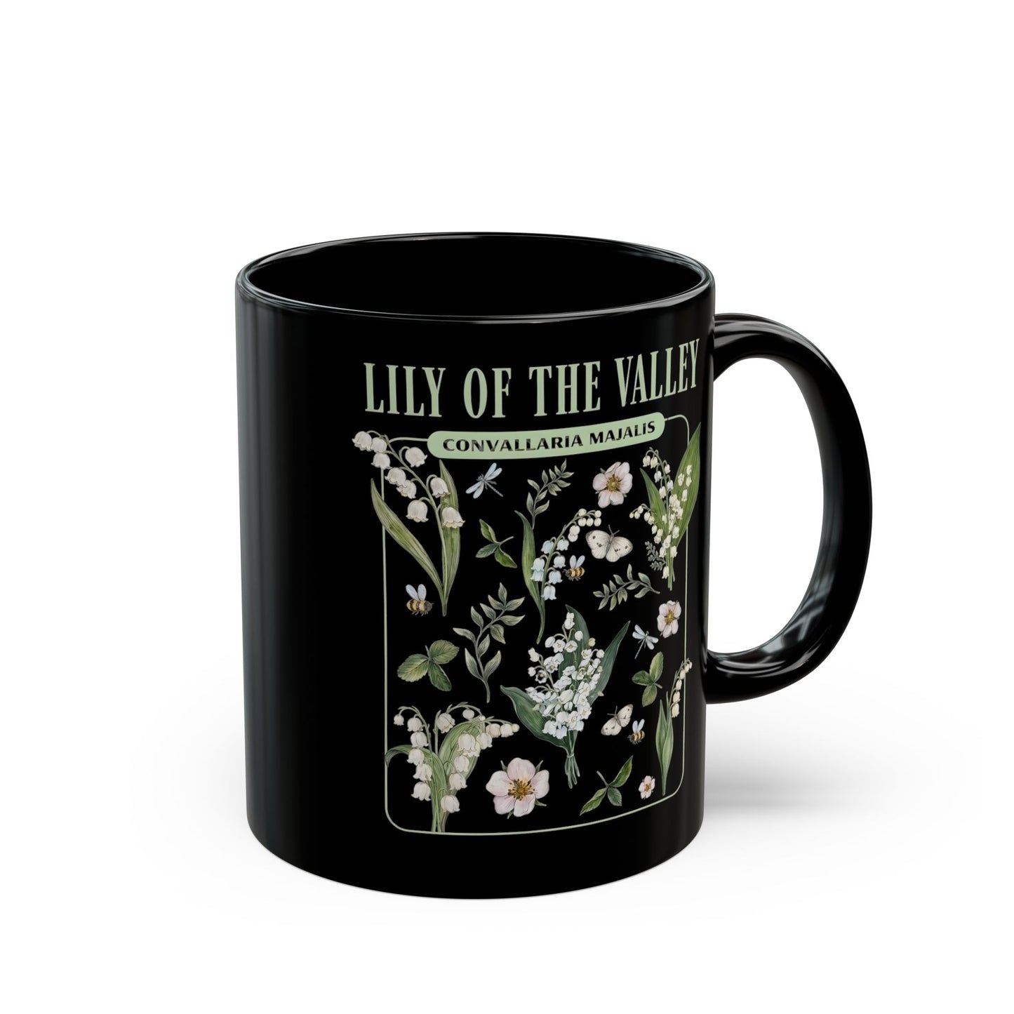 May Birth Flower Mug – Lily of the Valley Black Ceramic Coffee Cup (11oz, 15oz) - 11887