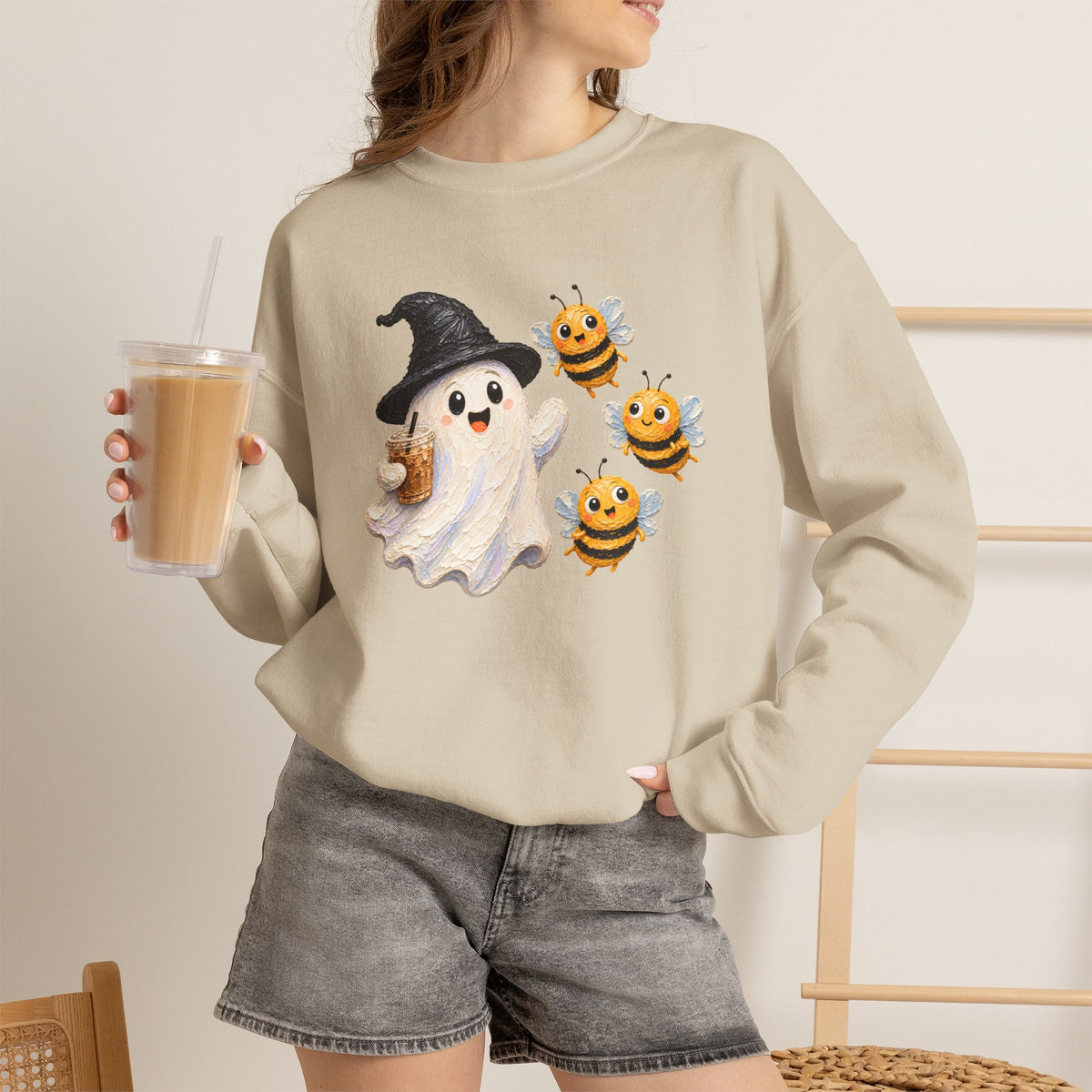 Cute Halloween Ghost & Bees Sweatshirt, Whimsical Witch Hat Crewneck - 14538