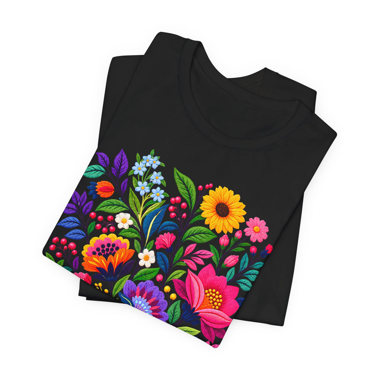 Bright Folk Art Floral T-Shirt, Colorful Flower Bouquet Tee - 14513