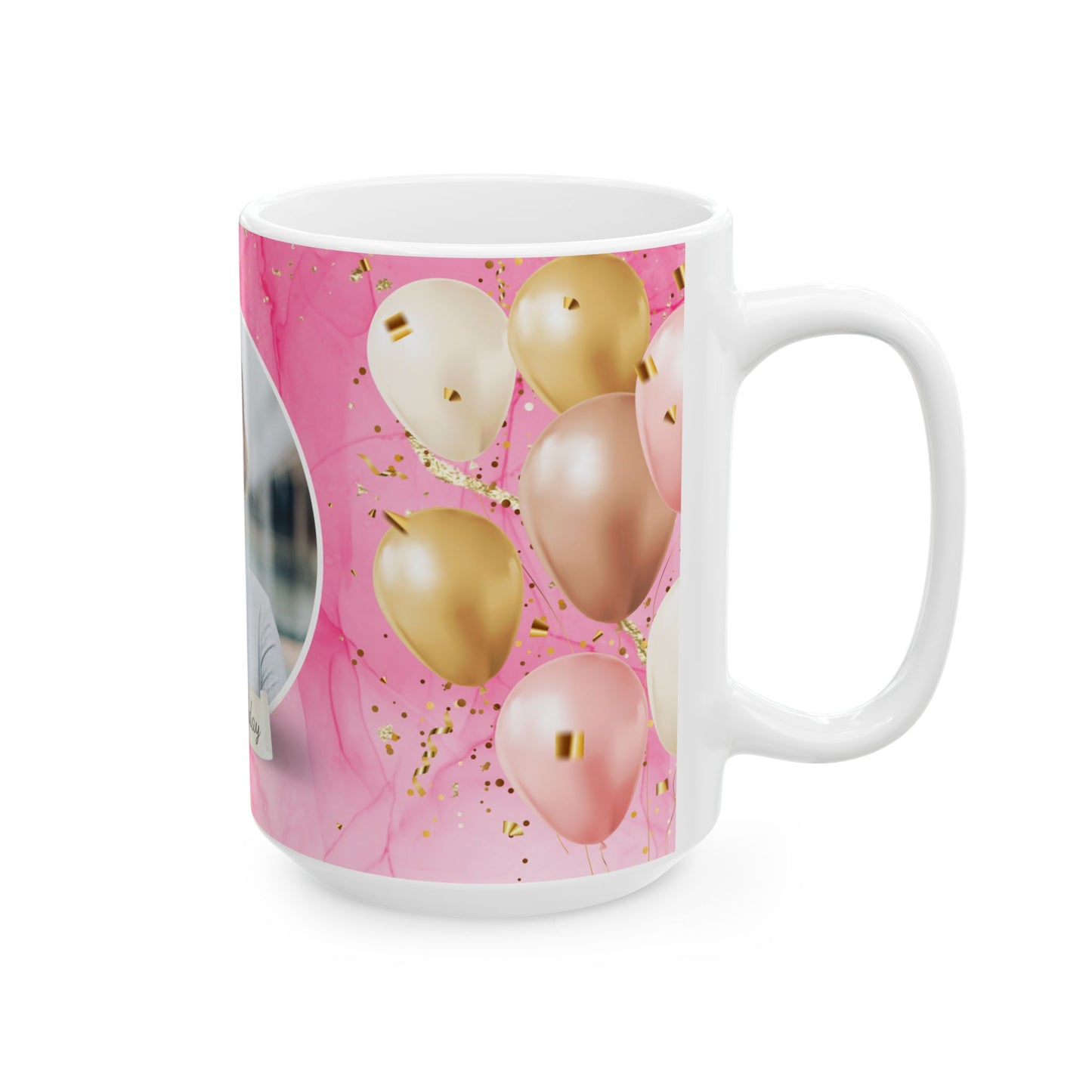 Happy Birthday Ceramic Mug, Personalized Gift, Celebration Drinkware, Pink Balloon Coffee Cup, Custom Photo Mug - 13992