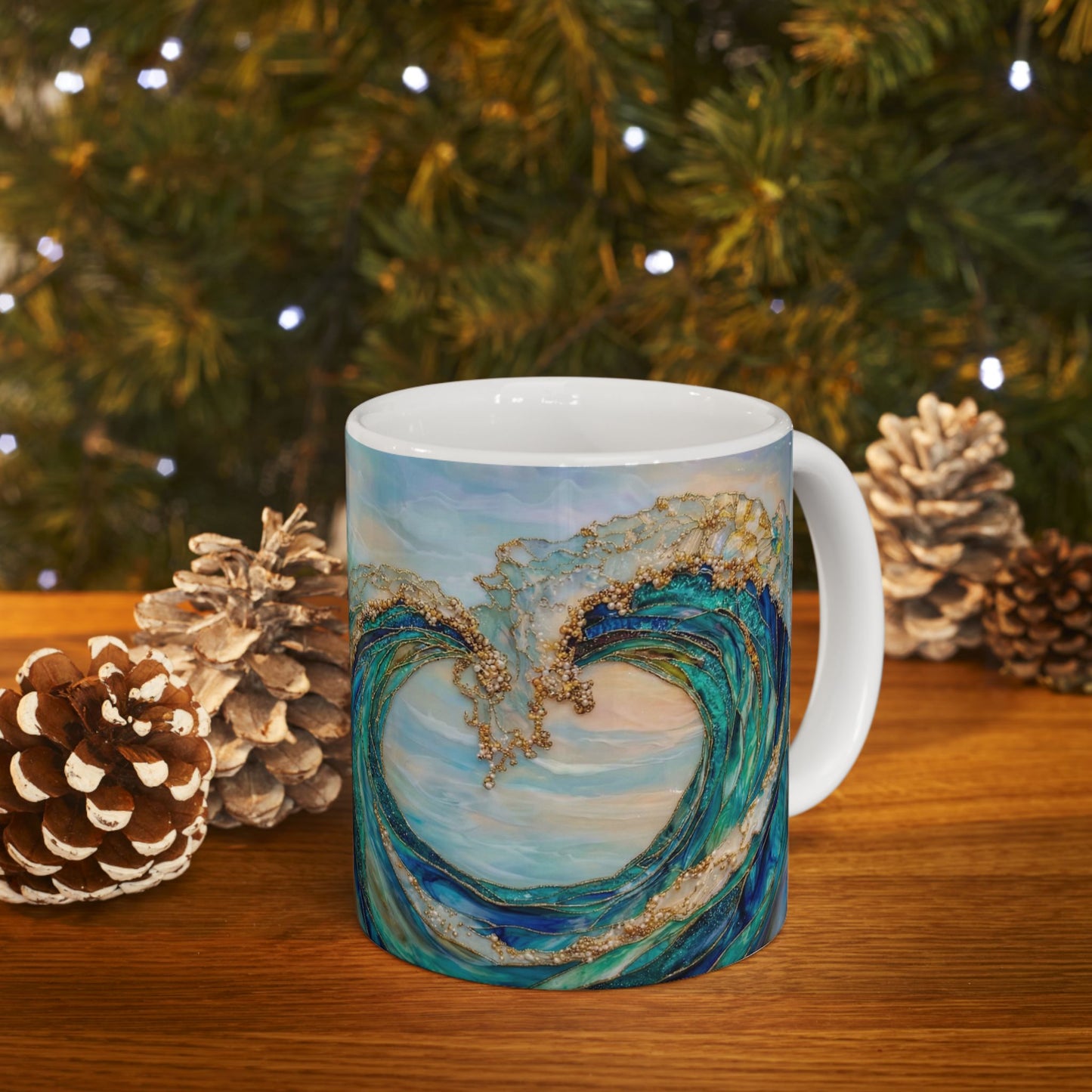 Ocean Wave Ceramic Mug — Teal & Gold Coastal Art Coffee Cup (11oz, 15oz) - 14522