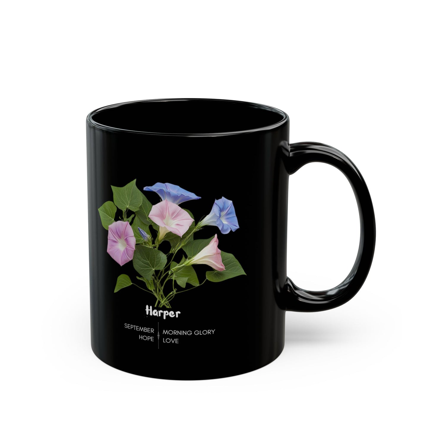 The Happy Birthday: September Born, Morning Glory Flower, Customizable - Black Mug (11oz, 15oz)