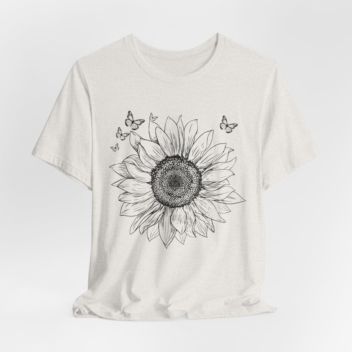 Sunflower Sketch T-Shirt, Vintage Botanical Sunflower & Butterfly Graphic Tee - 14982