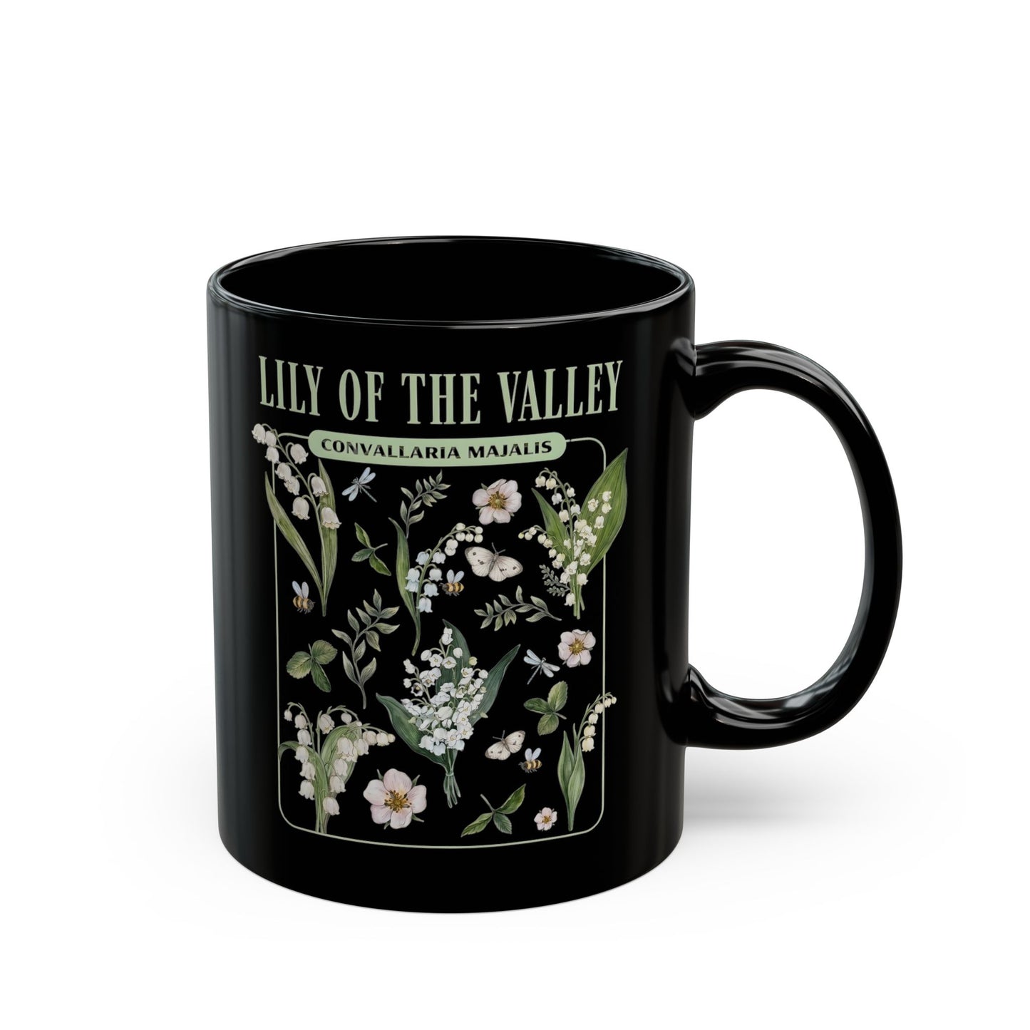 May Birth Flower Mug – Lily of the Valley Black Ceramic Coffee Cup (11oz, 15oz) - 11887