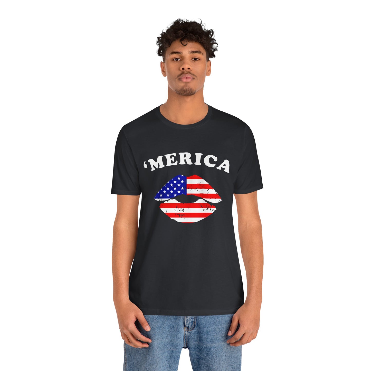 'Merica Unisex Jersey Tee, Patriotic Short Sleeve Shirt, USA Flag Design, Independence Day Apparel, Festival Wear, Summer Casual - 13519