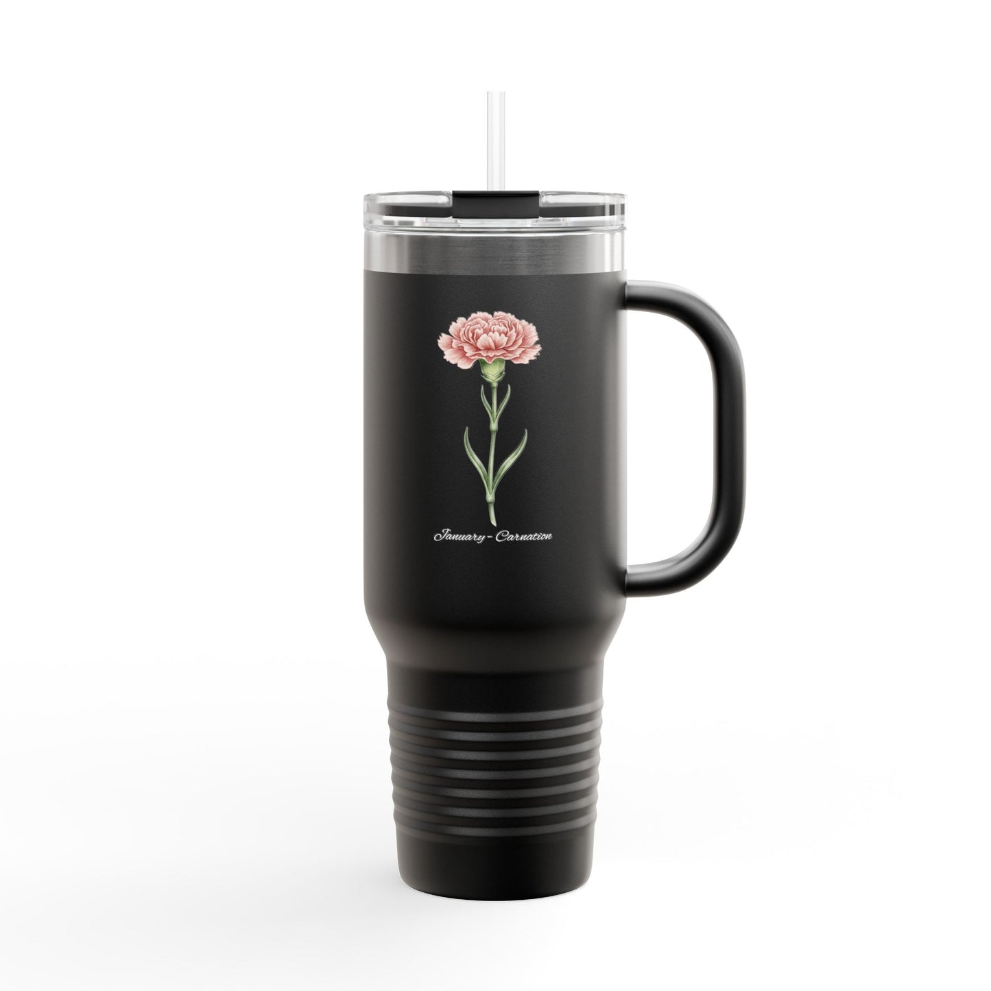 Carnation Floral Tumbler – January Birth Flower Gift | 40oz Insulated Travel Mug, Customizable — 14667