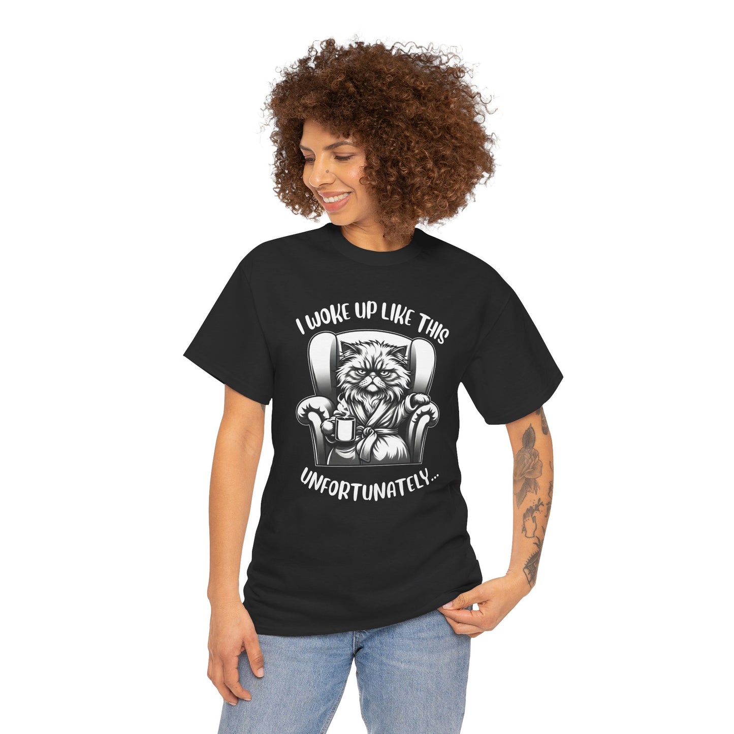 Funny Grumpy Cat T-Shirt – “I Woke Up Like This… Unfortunately” Graphic Tee- 14843