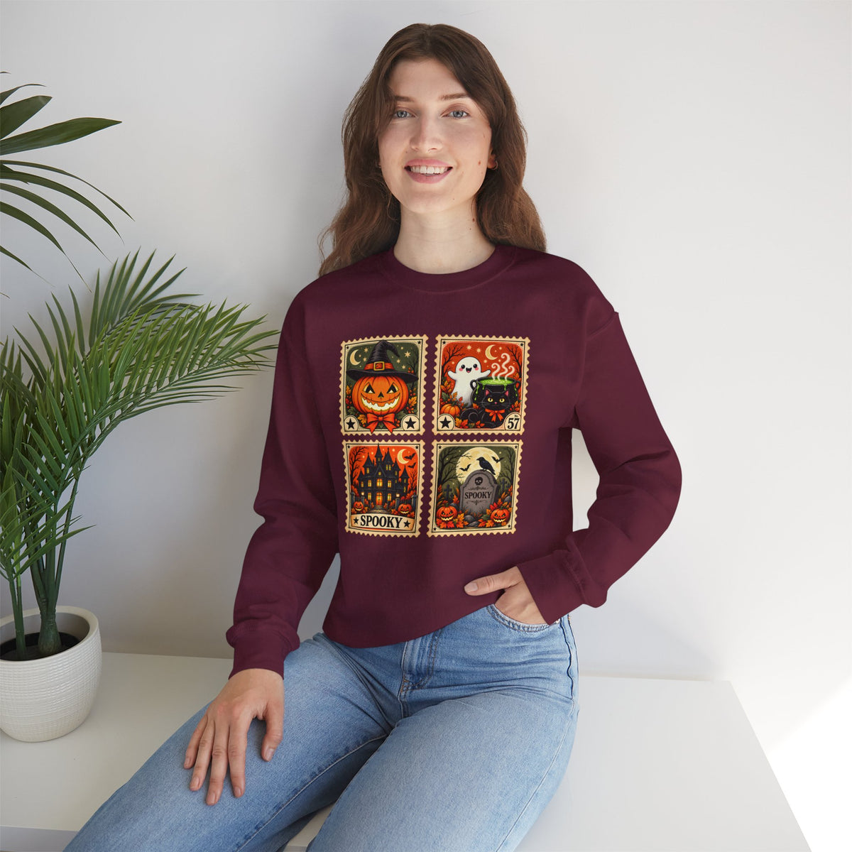 Vintage Halloween Stamp Sweatshirt, Spooky Pumpkin & Ghost Crewneck - 14510
