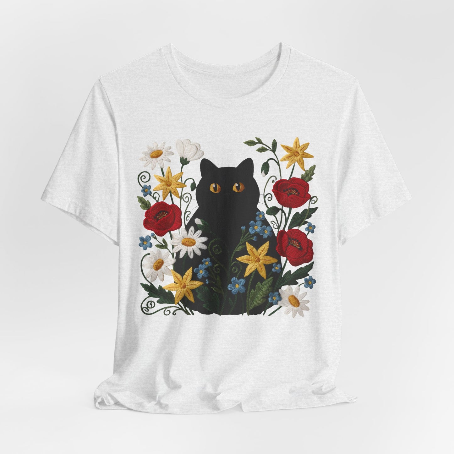 Black Cat in Wildflowers T-Shirt — Floral Cat Tee for Cat Lovers - 14921