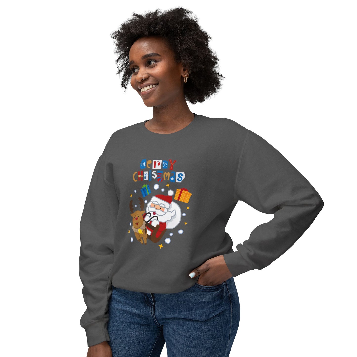 Merry Christmas, Santa & Reindeer - Unisex Lightweight Crewneck Sweatshirt - 10470