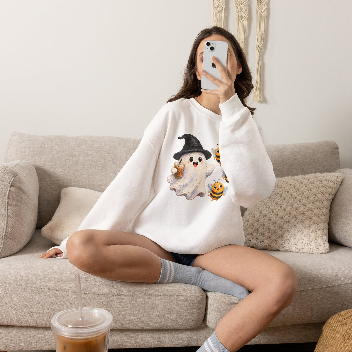 Cute Halloween Ghost & Bees Sweatshirt, Whimsical Witch Hat Crewneck - 14538