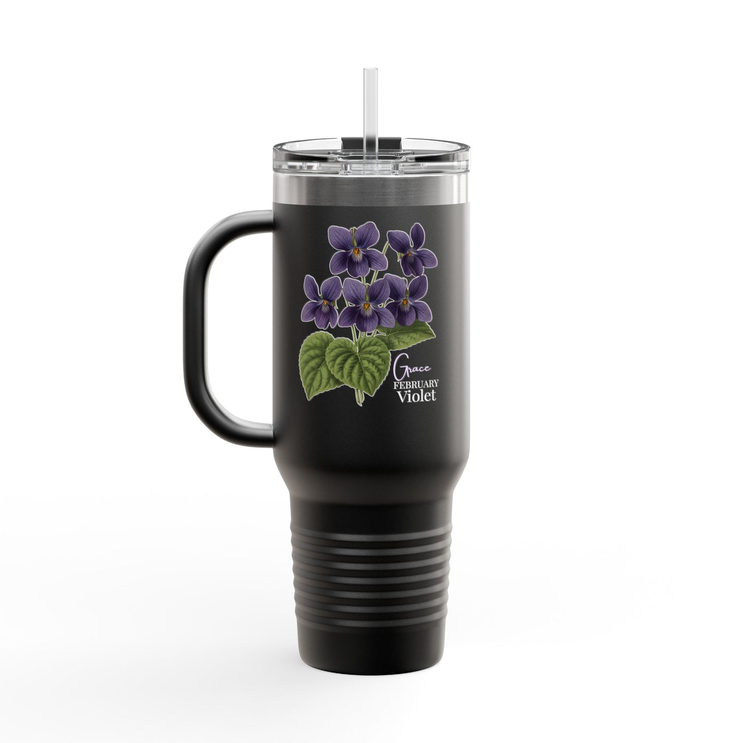 Violet Floral Tumbler – February Birth Flower Gift | 40oz Insulated Travel Mug, Customizable — 14688