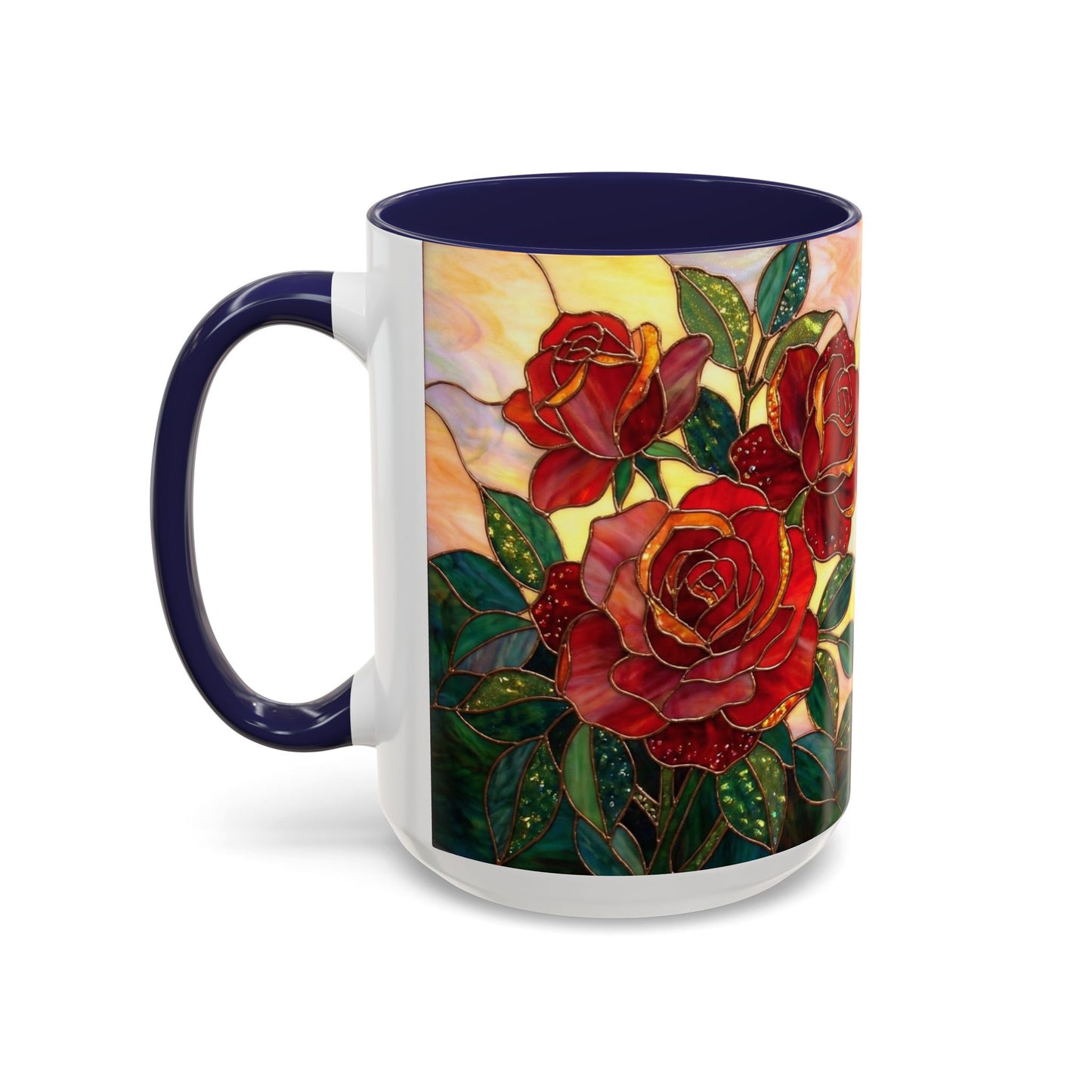 Rose Stained Glass Accent Coffee Mug – Red Roses Floral 11/15oz - 14539