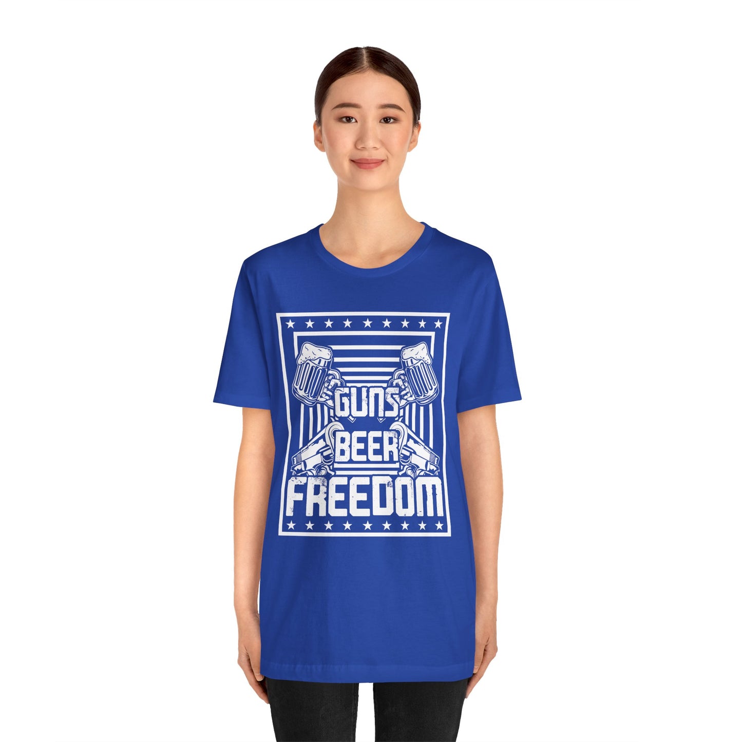 4th of July, Guns Beer Freedom Unisex Tee, Casual Shirt, Patriotic Apparel, Gift for Him, Party Tee, Everyday Wear - 13598