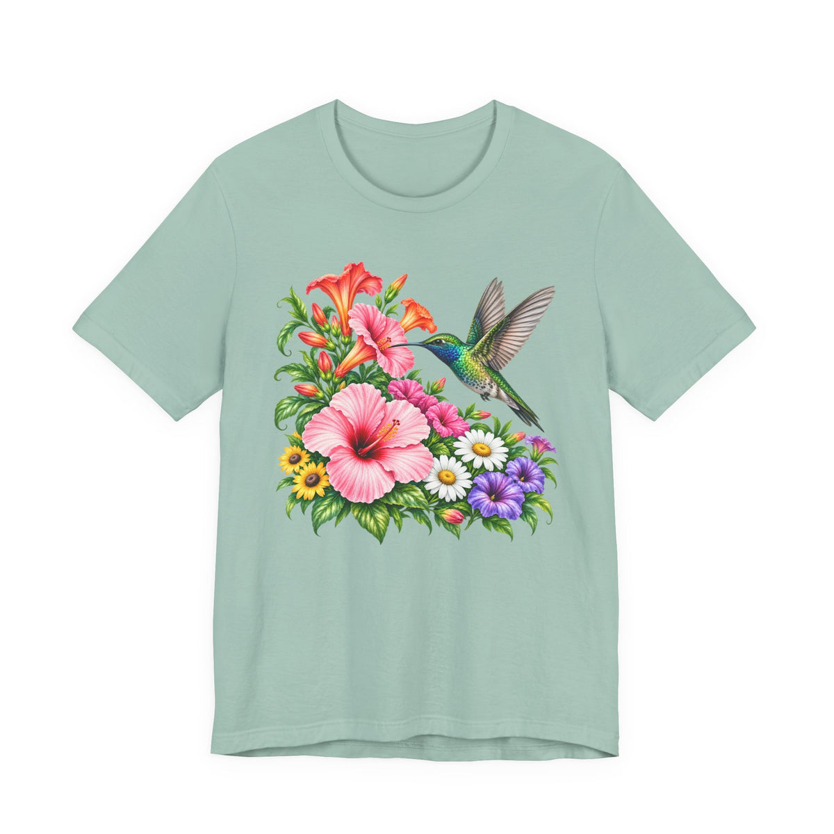 Hummingbird & Hibiscus T-Shirt, Colorful Tropical Floral Garden Tee - 14542