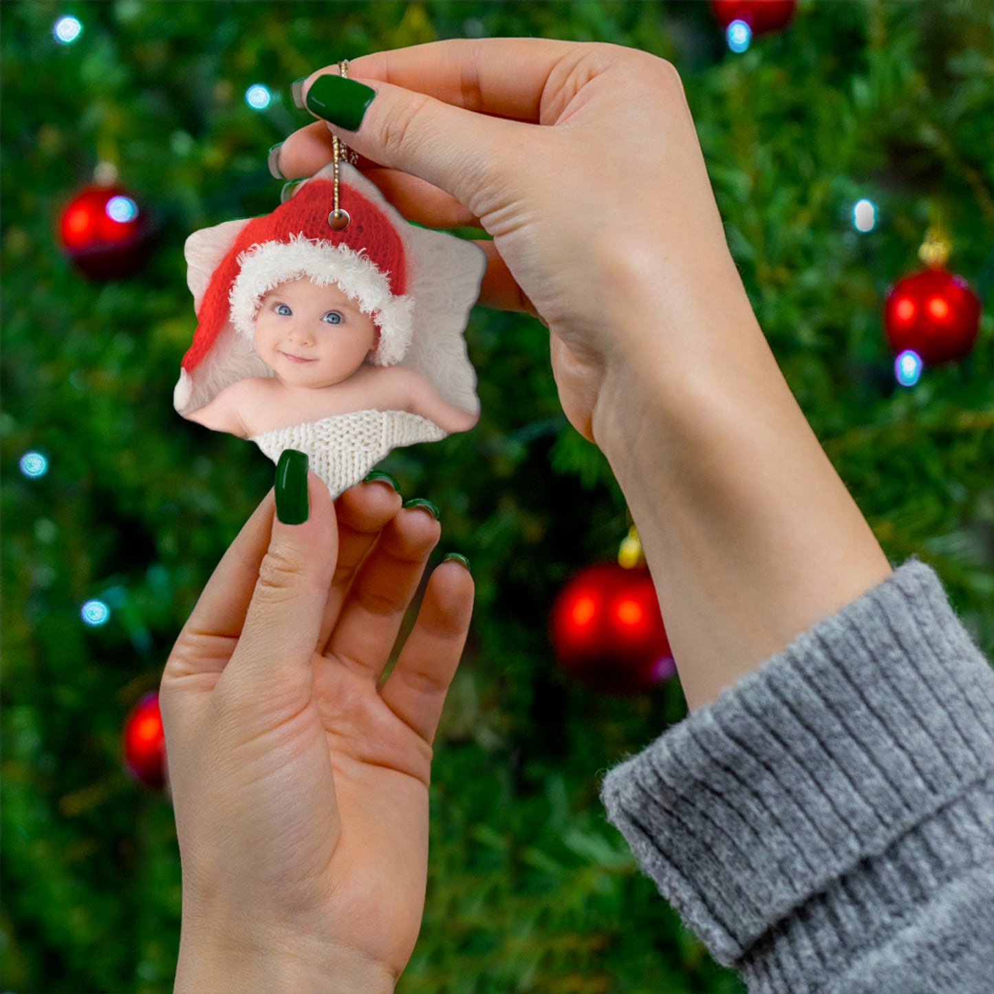 Christmas, Baby Photo, Customizable - Ceramic Ornament, 4 Shapes