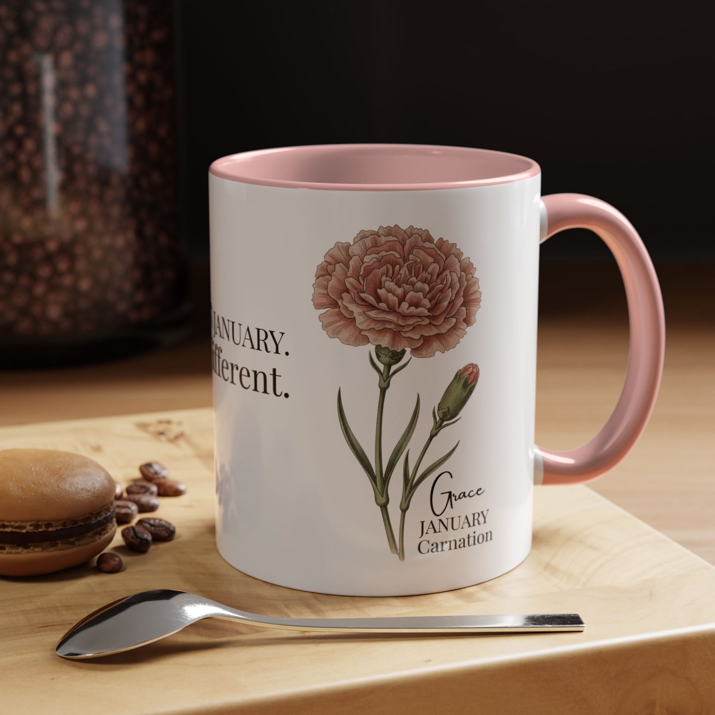 January Carnation Birth Flower Accent Coffee Mug – Customizable (11oz / 15oz) - 14671