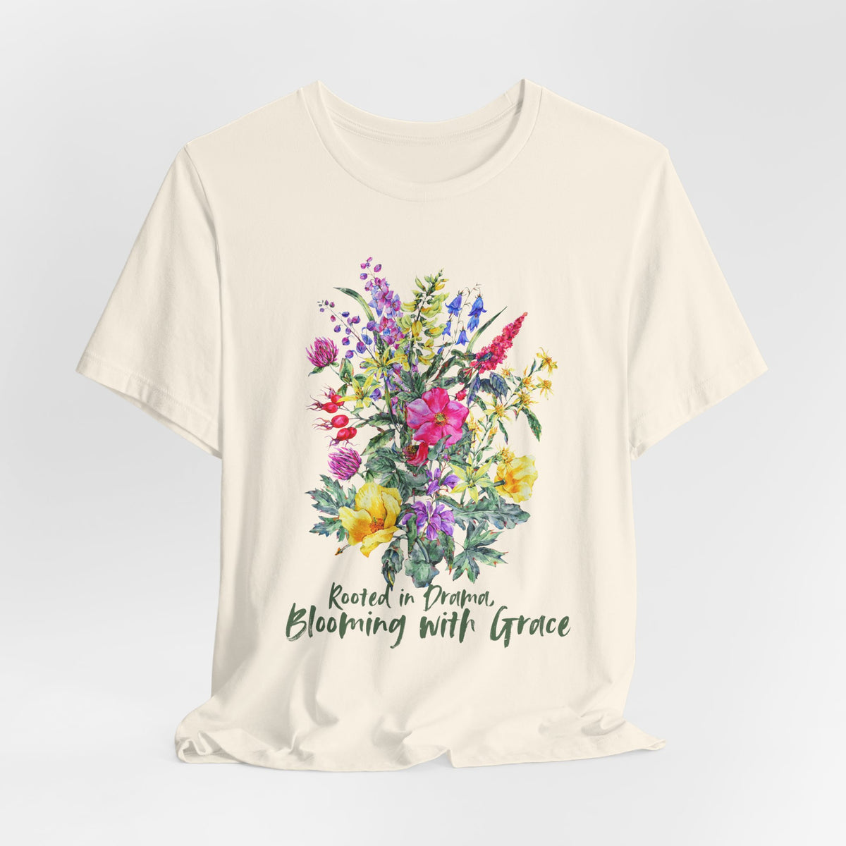 Blooming With Grace Floral T-Shirt, “Rooted in Drama” Watercolor Botanical Tee - 14965