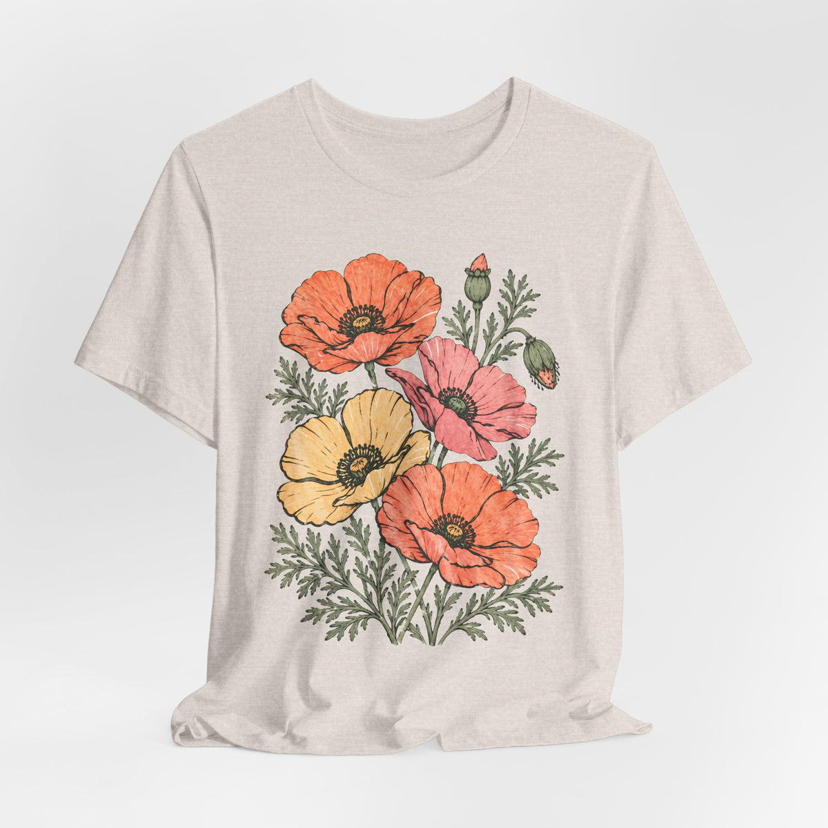 Floral Poppies T-Shirt, Vintage Wildflower Graphic Tee - 14988