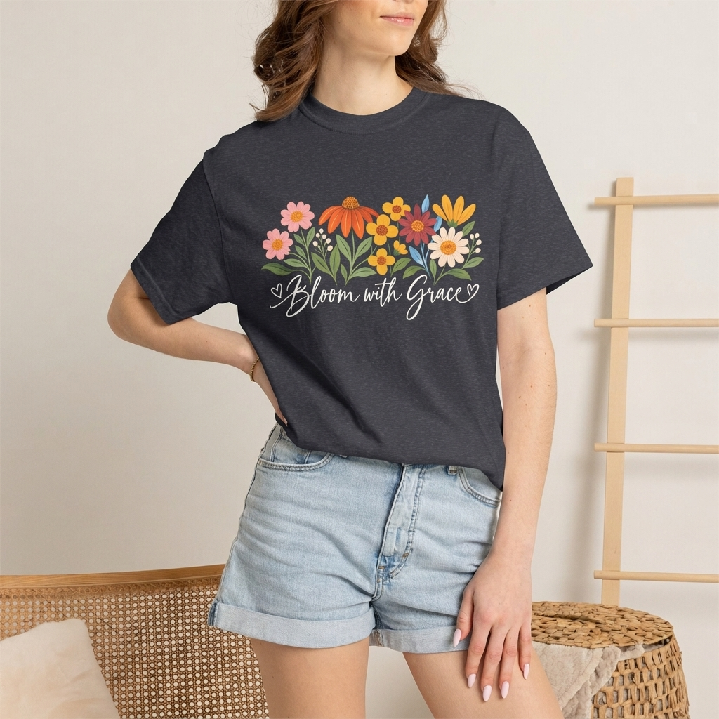 Bloom With Grace Floral T-Shirt, Women’s Inspirational Flower Tee - 14983