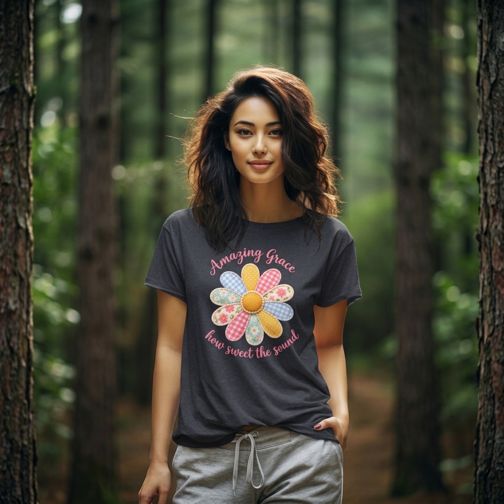 Amazing Grace Daisy T-Shirt, “How Sweet the Sound” Floral Christian Tee - 14992