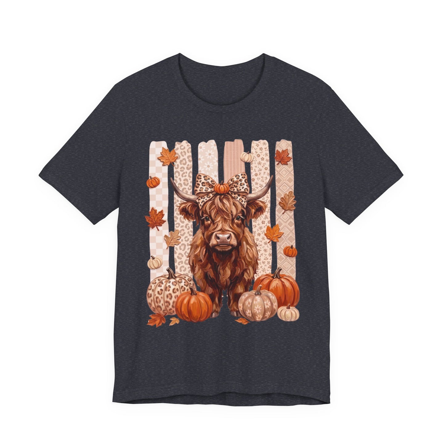 Highland Cow Autumn T-Shirt — Pumpkin & Leaves Fall Graphic Tee - 14942