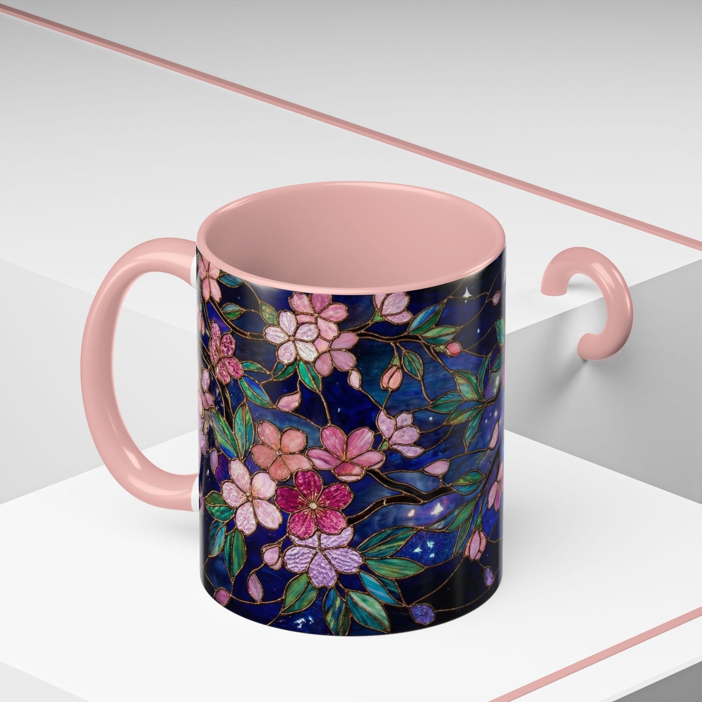 Cherry Blossom Lantern Coffee Mug — Floral Night Sky, Stained Glass Design (11/15 oz) - 14533