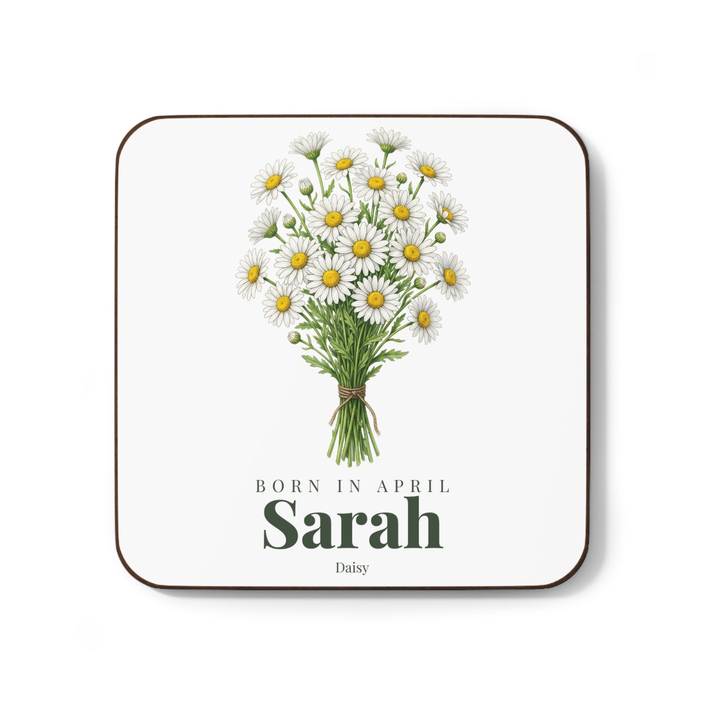Personalized April Daisy Birth Flower Coaster – Custom Name Hardboard Drink Coaster, April Birthday Gift - 14838