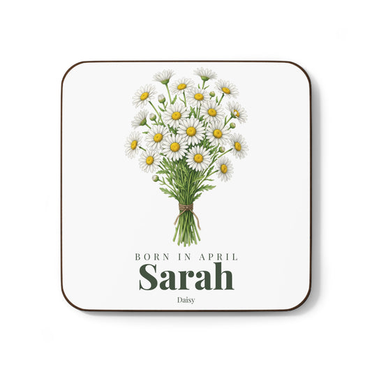 Personalized April Daisy Birth Flower Coaster – Custom Name Hardboard Drink Coaster, April Birthday Gift - 14838