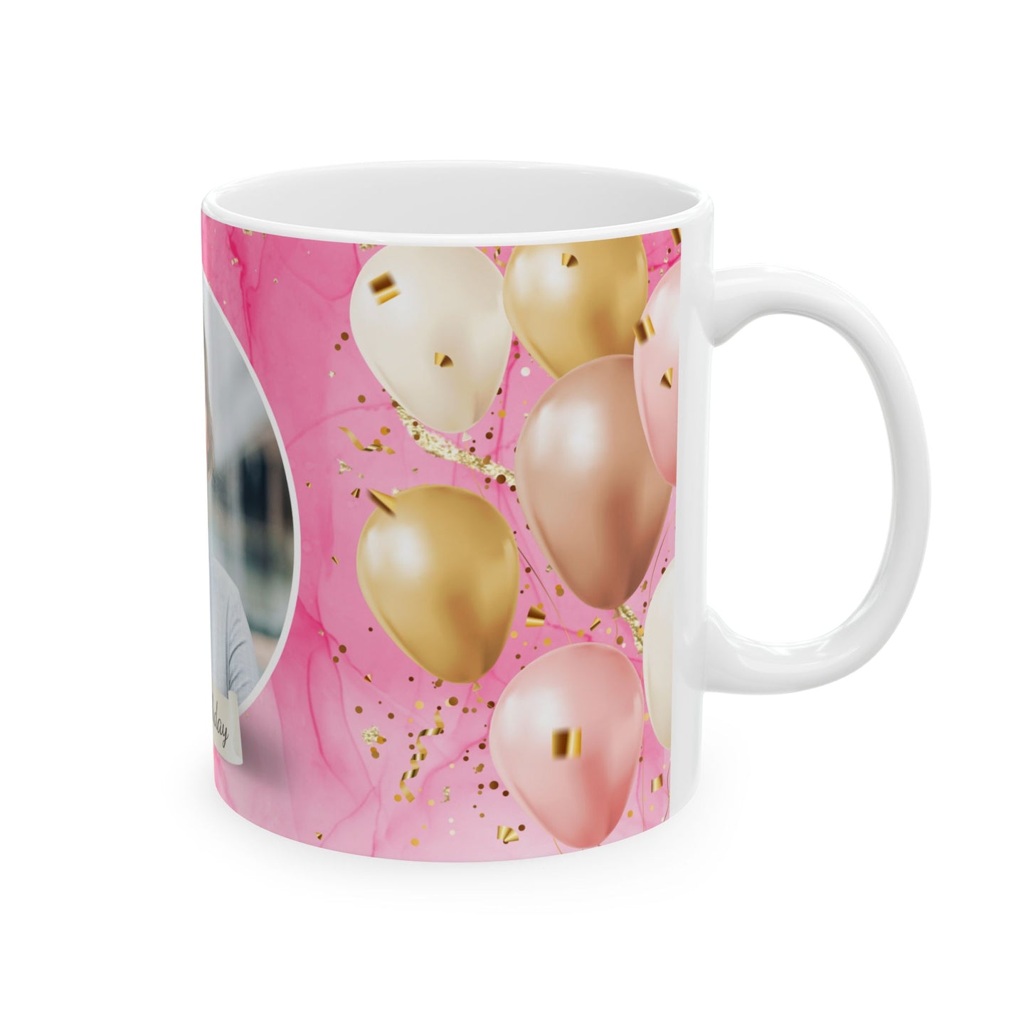 Happy Birthday Ceramic Mug, Personalized Gift, Celebration Drinkware, Pink Balloon Coffee Cup, Custom Photo Mug - 13992