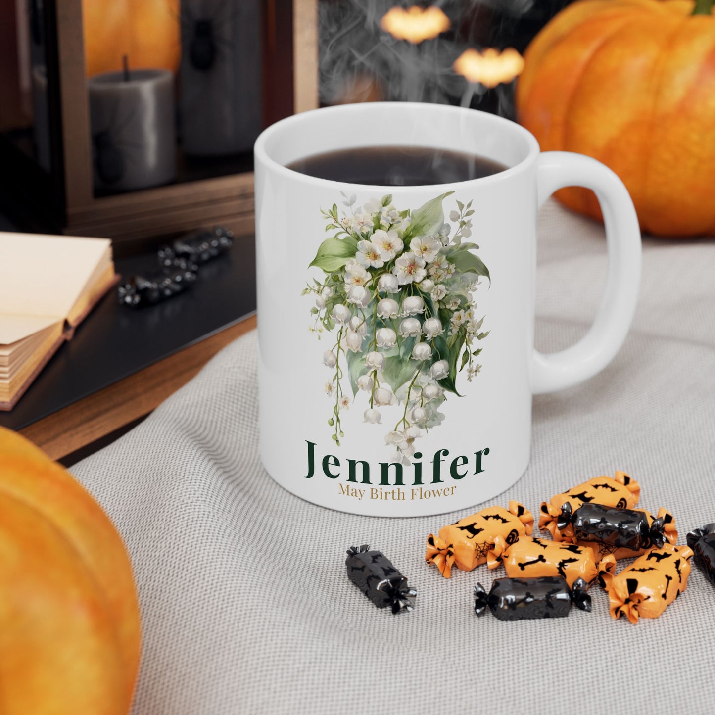 Custom Name Botanical Coffee Mug – Personalized Lily of the Valley Floral Mug Gift for Her (11oz, 15oz) - 14886