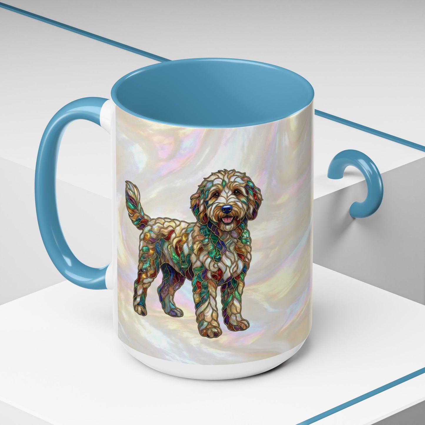 Personalized Dog (Goldendoodle) Coffee Mug - Accent Ceramic Mug with Name and Stained Glass Design - 14530