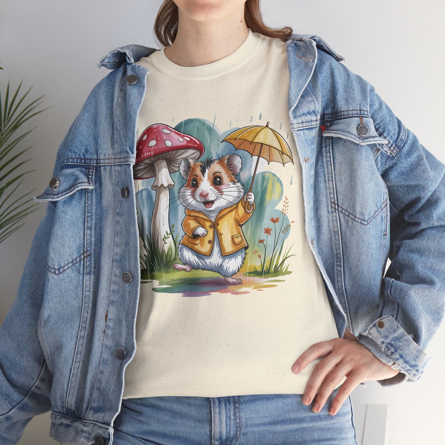 Cute Hamster T-Shirt – Raincoat Umbrella Animal Tee Watercolor Mushroom Gift - 14853